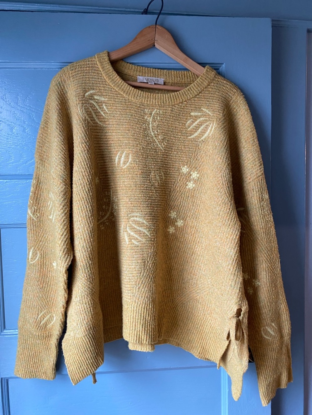 Farmers Market Mustard Crewneck Sweater with Subtle Floral Stitch